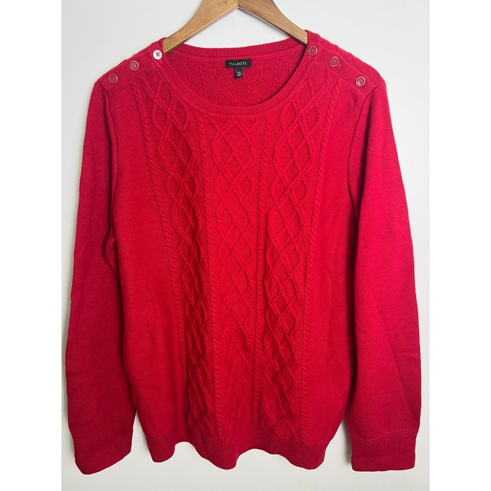 Talbots Wm XL Red Cable Knit Lambswool Blend Button Shoulder Sweater Minimalist